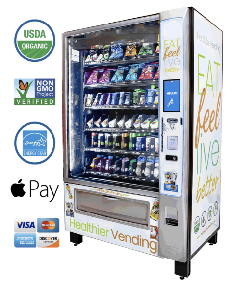 Green Mt Vending healthier vending machine stocked with snacks and beverages, featuring USDA Organic, Non-GMO, and Energy Star credentials and Apple Pay and major card payments.